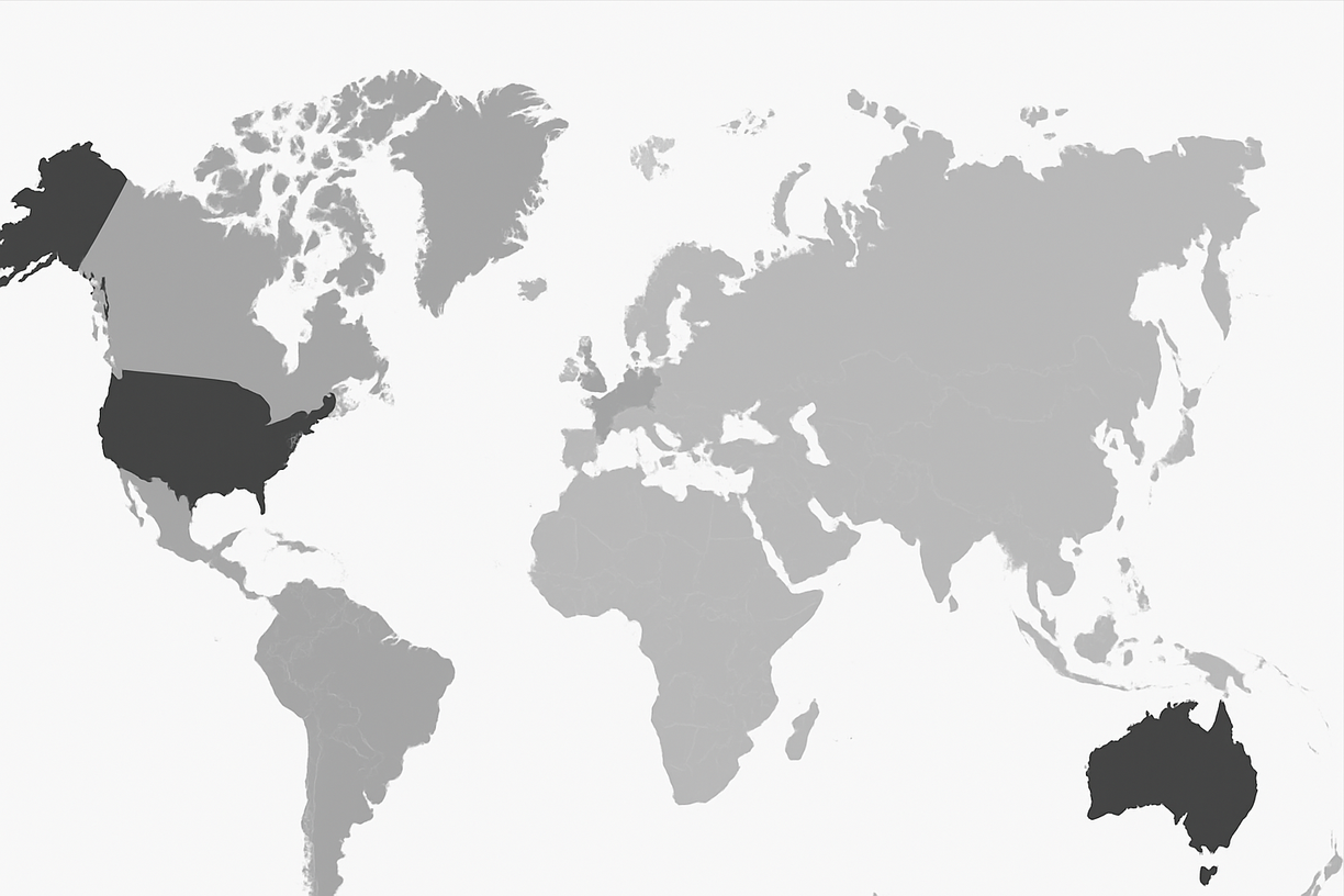 World Map highlighting USA, UK, Australia, Canada